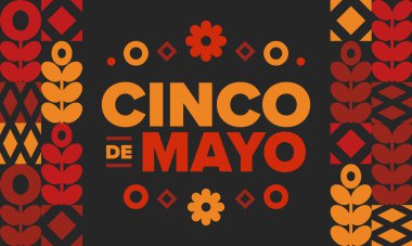 Meksika 'da Cinco de Mayo. Mayıs ayındaki geleneksel Meksika şenliği. Karnaval, festival ve geçit töreniyle ulusal mutlu bayramlar. Latin Amerika ve İspanyol tarzı. Sombrero ile illüstrasyon. Vektör posteri