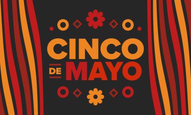 Meksika 'da Cinco de Mayo. Mayıs ayındaki geleneksel Meksika şenliği. Karnaval, festival ve geçit töreniyle ulusal mutlu bayramlar. Latin Amerika ve İspanyol tarzı. Sombrero ile illüstrasyon. Vektör posteri