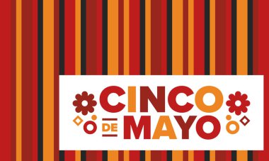 Meksika 'da Cinco de Mayo. Mayıs ayındaki geleneksel Meksika şenliği. Karnaval, festival ve geçit töreniyle ulusal mutlu bayramlar. Latin Amerika ve İspanyol tarzı. Sombrero ile illüstrasyon. Vektör posteri
