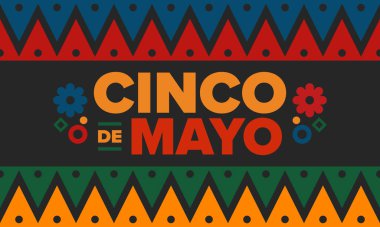 Meksika 'da Cinco de Mayo. Mayıs ayındaki geleneksel Meksika şenliği. Karnaval, festival ve geçit töreniyle ulusal mutlu bayramlar. Latin Amerika ve İspanyol tarzı. Sombrero ile illüstrasyon. Vektör posteri