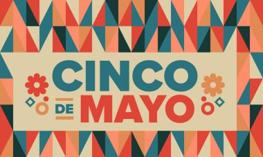 Meksika 'da Cinco de Mayo. Mayıs ayındaki geleneksel Meksika şenliği. Karnaval, festival ve geçit töreniyle ulusal mutlu bayramlar. Latin Amerika ve İspanyol tarzı. Sombrero ile illüstrasyon. Vektör posteri