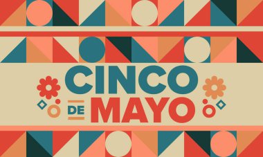 Meksika 'da Cinco de Mayo. Mayıs ayındaki geleneksel Meksika şenliği. Karnaval, festival ve geçit töreniyle ulusal mutlu bayramlar. Latin Amerika ve İspanyol tarzı. Sombrero ile illüstrasyon. Vektör posteri