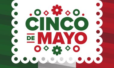 Meksika 'da Cinco de Mayo. Mayıs ayındaki geleneksel Meksika şenliği. Karnaval, festival ve geçit töreniyle ulusal mutlu bayramlar. Latin Amerika ve İspanyol tarzı. Sombrero ile illüstrasyon. Vektör posteri