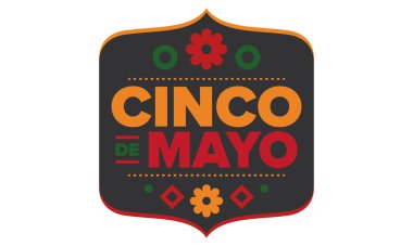 Meksika 'da Cinco de Mayo. Mayıs ayındaki geleneksel Meksika şenliği. Karnaval, festival ve geçit töreniyle ulusal mutlu bayramlar. Latin Amerika ve İspanyol tarzı. Sombrero ile illüstrasyon. Vektör posteri