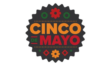 Meksika 'da Cinco de Mayo. Mayıs ayındaki geleneksel Meksika şenliği. Karnaval, festival ve geçit töreniyle ulusal mutlu bayramlar. Latin Amerika ve İspanyol tarzı. Sombrero ile illüstrasyon. Vektör posteri
