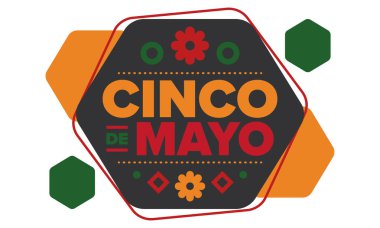 Meksika 'da Cinco de Mayo. Mayıs ayındaki geleneksel Meksika şenliği. Karnaval, festival ve geçit töreniyle ulusal mutlu bayramlar. Latin Amerika ve İspanyol tarzı. Sombrero ile illüstrasyon. Vektör posteri