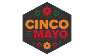 Meksika 'da Cinco de Mayo. Mayıs ayındaki geleneksel Meksika şenliği. Karnaval, festival ve geçit töreniyle ulusal mutlu bayramlar. Latin Amerika ve İspanyol tarzı. Sombrero ile illüstrasyon. Vektör posteri