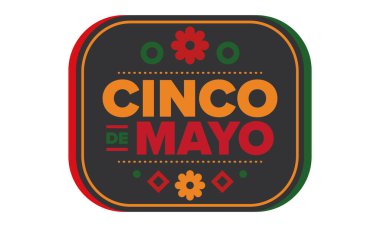 Meksika 'da Cinco de Mayo. Mayıs ayındaki geleneksel Meksika şenliği. Karnaval, festival ve geçit töreniyle ulusal mutlu bayramlar. Latin Amerika ve İspanyol tarzı. Sombrero ile illüstrasyon. Vektör posteri