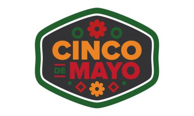 Meksika 'da Cinco de Mayo. Mayıs ayındaki geleneksel Meksika şenliği. Karnaval, festival ve geçit töreniyle ulusal mutlu bayramlar. Latin Amerika ve İspanyol tarzı. Sombrero ile illüstrasyon. Vektör posteri