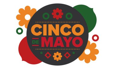 Meksika 'da Cinco de Mayo. Mayıs ayındaki geleneksel Meksika şenliği. Karnaval, festival ve geçit töreniyle ulusal mutlu bayramlar. Latin Amerika ve İspanyol tarzı. Sombrero ile illüstrasyon. Vektör posteri
