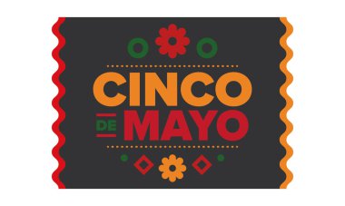 Meksika 'da Cinco de Mayo. Mayıs ayındaki geleneksel Meksika şenliği. Karnaval, festival ve geçit töreniyle ulusal mutlu bayramlar. Latin Amerika ve İspanyol tarzı. Sombrero ile illüstrasyon. Vektör posteri