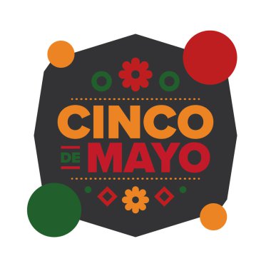 Meksika 'da Cinco de Mayo. Mayıs ayındaki geleneksel Meksika şenliği. Karnaval, festival ve geçit töreniyle ulusal mutlu bayramlar. Latin Amerika ve İspanyol tarzı. Sombrero ile illüstrasyon. Vektör posteri