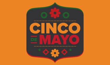 Meksika 'da Cinco de Mayo. Mayıs ayındaki geleneksel Meksika şenliği. Karnaval, festival ve geçit töreniyle ulusal mutlu bayramlar. Latin Amerika ve İspanyol tarzı. Sombrero ile illüstrasyon. Vektör posteri