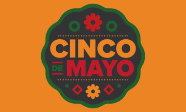 Meksika 'da Cinco de Mayo. Mayıs ayındaki geleneksel Meksika şenliği. Karnaval, festival ve geçit töreniyle ulusal mutlu bayramlar. Latin Amerika ve İspanyol tarzı. Sombrero ile illüstrasyon. Vektör posteri