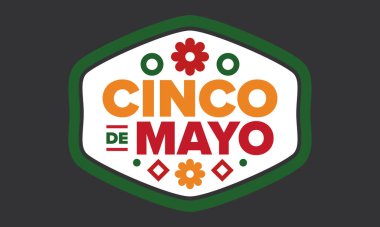 Meksika 'da Cinco de Mayo. Mayıs ayındaki geleneksel Meksika şenliği. Karnaval, festival ve geçit töreniyle ulusal mutlu bayramlar. Latin Amerika ve İspanyol tarzı. Sombrero ile illüstrasyon. Vektör posteri