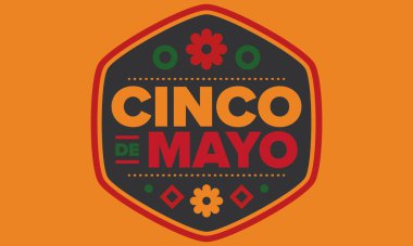 Meksika 'da Cinco de Mayo. Mayıs ayındaki geleneksel Meksika şenliği. Karnaval, festival ve geçit töreniyle ulusal mutlu bayramlar. Latin Amerika ve İspanyol tarzı. Sombrero ile illüstrasyon. Vektör posteri