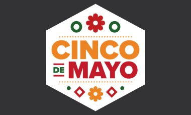 Meksika 'da Cinco de Mayo. Mayıs ayındaki geleneksel Meksika şenliği. Karnaval, festival ve geçit töreniyle ulusal mutlu bayramlar. Latin Amerika ve İspanyol tarzı. Sombrero ile illüstrasyon. Vektör posteri