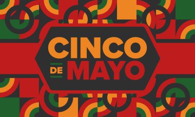 Meksika 'da Cinco de Mayo. Mayıs ayındaki geleneksel Meksika şenliği. Karnaval, festival ve geçit töreniyle ulusal mutlu bayramlar. Latin Amerika ve İspanyol tarzı. Sombrero ile illüstrasyon. Vektör posteri