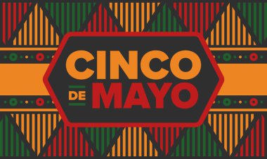 Meksika 'da Cinco de Mayo. Mayıs ayındaki geleneksel Meksika şenliği. Karnaval, festival ve geçit töreniyle ulusal mutlu bayramlar. Latin Amerika ve İspanyol tarzı. Sombrero ile illüstrasyon. Vektör posteri