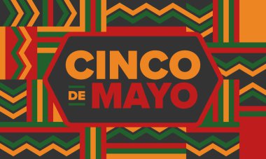 Meksika 'da Cinco de Mayo. Mayıs ayındaki geleneksel Meksika şenliği. Karnaval, festival ve geçit töreniyle ulusal mutlu bayramlar. Latin Amerika ve İspanyol tarzı. Sombrero ile illüstrasyon. Vektör posteri