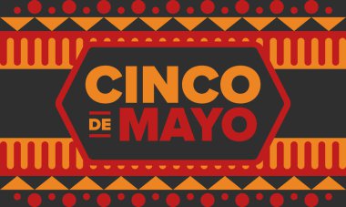 Meksika 'da Cinco de Mayo. Mayıs ayındaki geleneksel Meksika şenliği. Karnaval, festival ve geçit töreniyle ulusal mutlu bayramlar. Latin Amerika ve İspanyol tarzı. Sombrero ile illüstrasyon. Vektör posteri