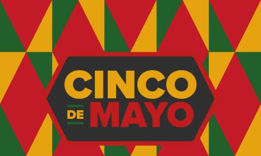 Meksika 'da Cinco de Mayo. Mayıs ayındaki geleneksel Meksika şenliği. Karnaval, festival ve geçit töreniyle ulusal mutlu bayramlar. Latin Amerika ve İspanyol tarzı. Sombrero ile illüstrasyon. Vektör posteri