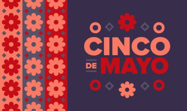 Meksika 'da Cinco de Mayo. Mayıs ayındaki geleneksel Meksika şenliği. Karnaval, festival ve geçit töreniyle ulusal mutlu bayramlar. Latin Amerika ve İspanyol tarzı. Sombrero ile illüstrasyon. Vektör posteri