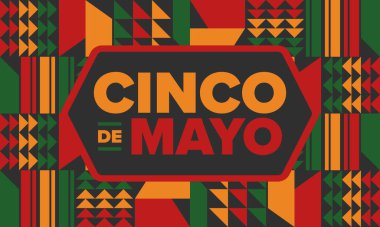 Meksika 'da Cinco de Mayo. Mayıs ayındaki geleneksel Meksika şenliği. Karnaval, festival ve geçit töreniyle ulusal mutlu bayramlar. Latin Amerika ve İspanyol tarzı. Sombrero ile illüstrasyon. Vektör posteri