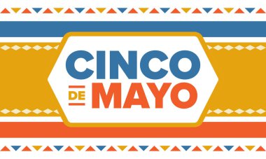 Meksika 'da Cinco de Mayo. Mayıs ayındaki geleneksel Meksika şenliği. Karnaval, festival ve geçit töreniyle ulusal mutlu bayramlar. Latin Amerika ve İspanyol tarzı. Sombrero ile illüstrasyon. Vektör posteri