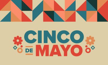 Meksika 'da Cinco de Mayo. Mayıs ayındaki geleneksel Meksika şenliği. Karnaval, festival ve geçit töreniyle ulusal mutlu bayramlar. Latin Amerika ve İspanyol tarzı. Sombrero ile illüstrasyon. Vektör posteri