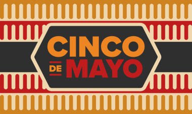 Meksika 'da Cinco de Mayo. Mayıs ayındaki geleneksel Meksika şenliği. Karnaval, festival ve geçit töreniyle ulusal mutlu bayramlar. Latin Amerika ve İspanyol tarzı. Sombrero ile illüstrasyon. Vektör posteri