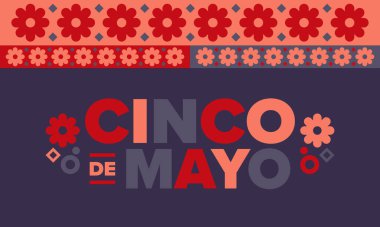Meksika 'da Cinco de Mayo. Mayıs ayındaki geleneksel Meksika şenliği. Karnaval, festival ve geçit töreniyle ulusal mutlu bayramlar. Latin Amerika ve İspanyol tarzı. Sombrero ile illüstrasyon. Vektör posteri