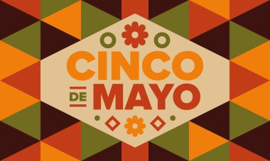 Meksika 'da Cinco de Mayo. Mayıs ayındaki geleneksel Meksika şenliği. Karnaval, festival ve geçit töreniyle ulusal mutlu bayramlar. Latin Amerika ve İspanyol tarzı. Sombrero ile illüstrasyon. Vektör posteri