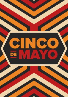 Meksika 'da Cinco de Mayo. Mayıs ayındaki geleneksel Meksika şenliği. Karnaval, festival ve geçit töreniyle ulusal mutlu bayramlar. Latin Amerika ve İspanyol tarzı. Sombrero ile illüstrasyon. Vektör posteri