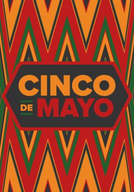 Meksika 'da Cinco de Mayo. Mayıs ayındaki geleneksel Meksika şenliği. Karnaval, festival ve geçit töreniyle ulusal mutlu bayramlar. Latin Amerika ve İspanyol tarzı. Sombrero ile illüstrasyon. Vektör posteri