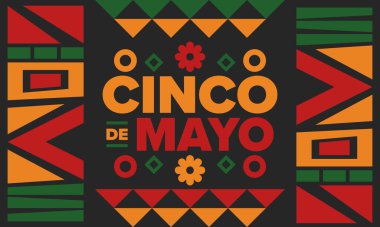 Meksika 'da Cinco de Mayo. Mayıs ayındaki geleneksel Meksika şenliği. Karnaval, festival ve geçit töreniyle ulusal mutlu bayramlar. Latin Amerika ve İspanyol tarzı. Sombrero ile illüstrasyon. Vektör posteri