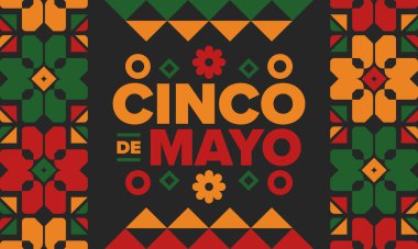 Meksika 'da Cinco de Mayo. Mayıs ayındaki geleneksel Meksika şenliği. Karnaval, festival ve geçit töreniyle ulusal mutlu bayramlar. Latin Amerika ve İspanyol tarzı. Sombrero ile illüstrasyon. Vektör posteri