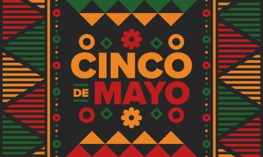 Meksika 'da Cinco de Mayo. Mayıs ayındaki geleneksel Meksika şenliği. Karnaval, festival ve geçit töreniyle ulusal mutlu bayramlar. Latin Amerika ve İspanyol tarzı. Sombrero ile illüstrasyon. Vektör posteri