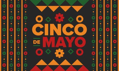 Meksika 'da Cinco de Mayo. Mayıs ayındaki geleneksel Meksika şenliği. Karnaval, festival ve geçit töreniyle ulusal mutlu bayramlar. Latin Amerika ve İspanyol tarzı. Sombrero ile illüstrasyon. Vektör posteri