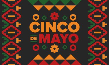 Meksika 'da Cinco de Mayo. Mayıs ayındaki geleneksel Meksika şenliği. Karnaval, festival ve geçit töreniyle ulusal mutlu bayramlar. Latin Amerika ve İspanyol tarzı. Sombrero ile illüstrasyon. Vektör posteri