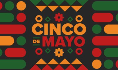 Meksika 'da Cinco de Mayo. Mayıs ayındaki geleneksel Meksika şenliği. Karnaval, festival ve geçit töreniyle ulusal mutlu bayramlar. Latin Amerika ve İspanyol tarzı. Sombrero ile illüstrasyon. Vektör posteri