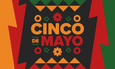 Meksika 'da Cinco de Mayo. Mayıs ayındaki geleneksel Meksika şenliği. Karnaval, festival ve geçit töreniyle ulusal mutlu bayramlar. Latin Amerika ve İspanyol tarzı. Sombrero ile illüstrasyon. Vektör posteri