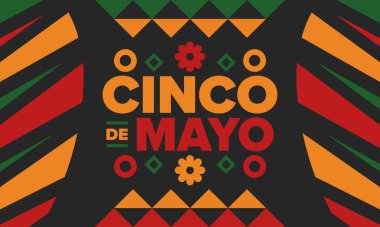 Meksika 'da Cinco de Mayo. Mayıs ayındaki geleneksel Meksika şenliği. Karnaval, festival ve geçit töreniyle ulusal mutlu bayramlar. Latin Amerika ve İspanyol tarzı. Sombrero ile illüstrasyon. Vektör posteri