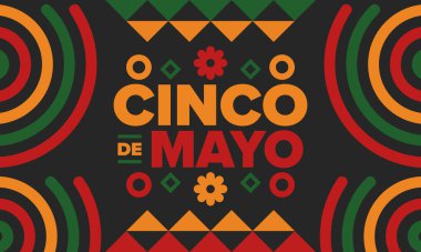 Meksika 'da Cinco de Mayo. Mayıs ayındaki geleneksel Meksika şenliği. Karnaval, festival ve geçit töreniyle ulusal mutlu bayramlar. Latin Amerika ve İspanyol tarzı. Sombrero ile illüstrasyon. Vektör posteri