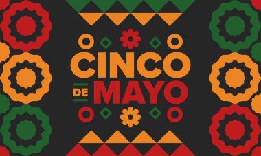 Meksika 'da Cinco de Mayo. Mayıs ayındaki geleneksel Meksika şenliği. Karnaval, festival ve geçit töreniyle ulusal mutlu bayramlar. Latin Amerika ve İspanyol tarzı. Sombrero ile illüstrasyon. Vektör posteri