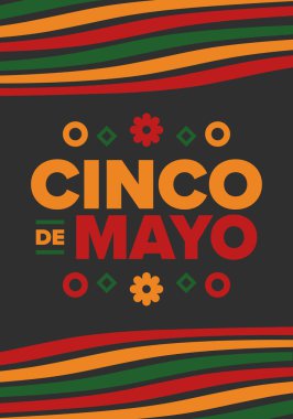 Meksika 'da Cinco de Mayo. Mayıs ayındaki geleneksel Meksika şenliği. Karnaval, festival ve geçit töreniyle ulusal mutlu bayramlar. Latin Amerika ve İspanyol tarzı. Sombrero ile illüstrasyon. Vektör posteri