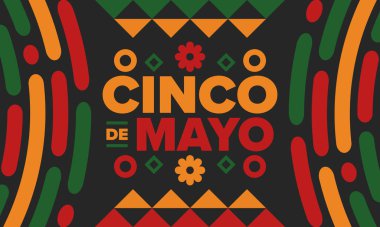 Meksika 'da Cinco de Mayo. Mayıs ayındaki geleneksel Meksika şenliği. Karnaval, festival ve geçit töreniyle ulusal mutlu bayramlar. Latin Amerika ve İspanyol tarzı. Sombrero ile illüstrasyon. Vektör posteri