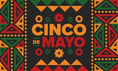 Meksika 'da Cinco de Mayo. Mayıs ayındaki geleneksel Meksika şenliği. Karnaval, festival ve geçit töreniyle ulusal mutlu bayramlar. Latin Amerika ve İspanyol tarzı. Sombrero ile illüstrasyon. Vektör posteri