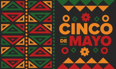 Meksika 'da Cinco de Mayo. Mayıs ayındaki geleneksel Meksika şenliği. Karnaval, festival ve geçit töreniyle ulusal mutlu bayramlar. Latin Amerika ve İspanyol tarzı. Sombrero ile illüstrasyon. Vektör posteri