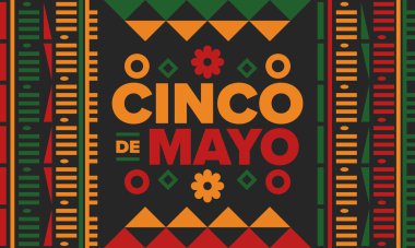 Meksika 'da Cinco de Mayo. Mayıs ayındaki geleneksel Meksika şenliği. Karnaval, festival ve geçit töreniyle ulusal mutlu bayramlar. Latin Amerika ve İspanyol tarzı. Sombrero ile illüstrasyon. Vektör posteri